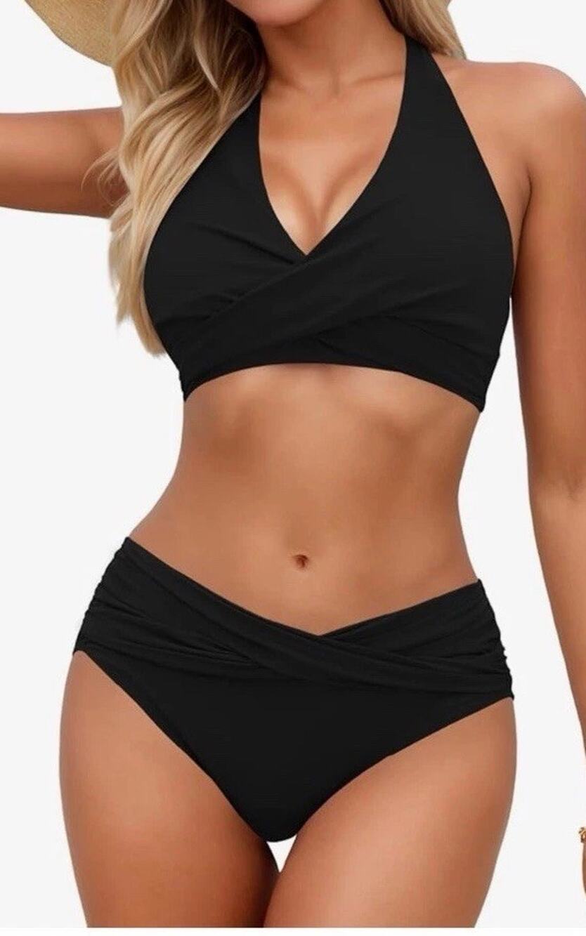 Sopliagon Women's Bikini Sets Twist Front Black Swimsuit Halter Black Medium